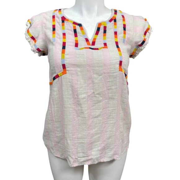 THML Tops - THML White Pink Stripe Multicolor Embroidered Short Sleeve Top L